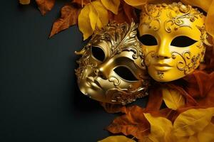 Venetian carnival mask with gold decorations on yellow background. Generative AI photo