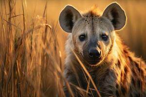 Spotted hyena in dry tall grass. AI Generative photo