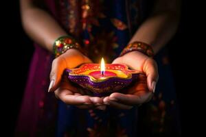 Woman hands with henna holding colorful clay diya lamps lit during diwali celebration. AI Generative photo