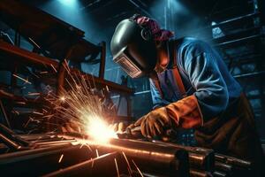 Industrial welder with torch in the factory photo