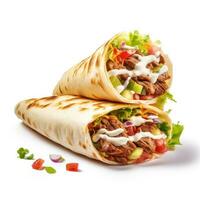 Tortilla wraps with meat, bacon, salad and mayonnaise. AI Generative photo