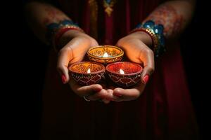 Woman hands with henna holding colorful clay diya lamps lit during diwali celebration. Generative AI photo