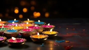 Happy Diwali. Clay Diya lamps during Diwali celebration, Hindu festival of lights celebration.. Generative AI photo