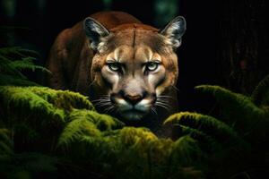 Cougar in the dark forest photo