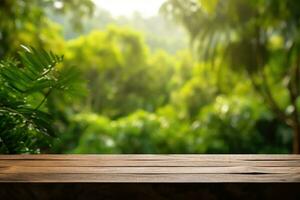 Wooden table top on blurred green jungle background - can be used for display or montage of your products. Generative AI photo