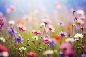 Flower field in sunlight, spring or summer garden background photo