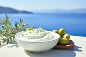 Close up view of tzatziki on Greek table, sea in background. Generative AI photo