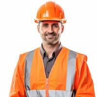 trabajador vestido en reflexivo chaqueta y la seguridad casco. ai generativo foto