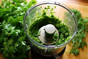 Kitchen blender and making herbal pesto. Generative AI photo