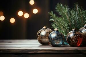 Christmas bulbs and tree branch on wooden table. Generative AI photo