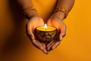 Woman hands with henna holding colorful clay diya lamps lit during diwali celebration. Generative AI photo