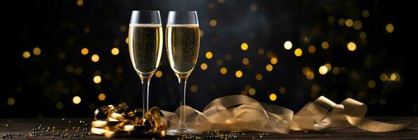 Sparkling wine or champagne glasses and gold ribbon on dark black table background. Happy New Year, New Year's Eve or Christmas and celebration party photo