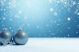 Christmas background with Christmas decorations. Blue balls and silver snowflakes. AI Generative photo