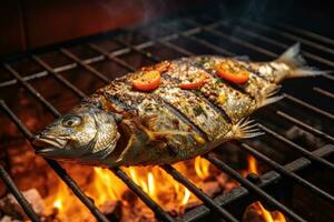 Grilled fish on charcoal. AI Generative photo