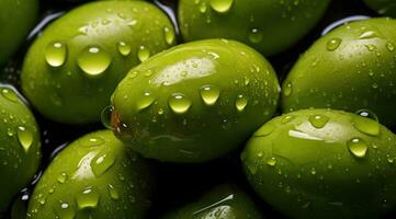 verde aceitunas con gotas de agua foto