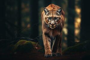 Cougar in the dark forest photo