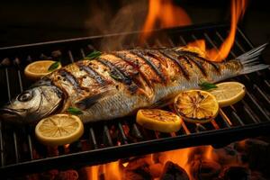 Grilled fish on charcoal. AI Generative photo