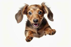 Cute and cheerful dog in flight on a white background. Playful dachshund. AI Generative photo