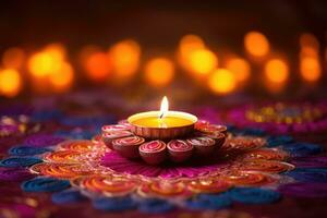 Happy Diwali. Clay Diya lamps during Diwali celebration, Hindu festival of lights celebration. Generative AI photo