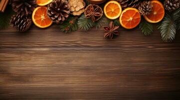 Festive Christmas decorations of cinnamon, pine cones and oranges on a wooden table. AI Generative photo