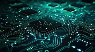 Futuristic neon microprocessor on blue background. Integrated microchip photo