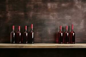 Bottles of red wine on a wooden shelf. Copy space for winery. AI Generative photo