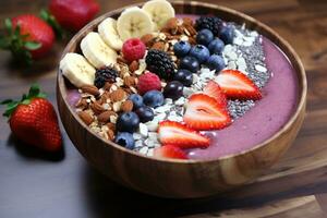 Summer Acai smoothie bowl with various fruits and berries. Healthy breakfast. AI Generative photo