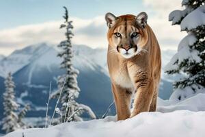 Mountain cougar in a snowy landscape. AI Generative photo