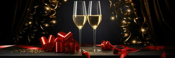 Sparkling wine or champagne glasses and red ribbon on dark black table background. Happy New Year, New Year's Eve or Christmas and celebration party photo