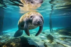 Florida manatee in clear water. AI Generative photo