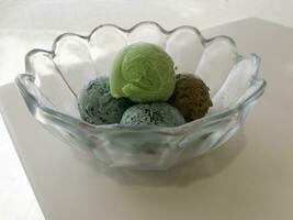 Ice cream scoops in glass bowl photo