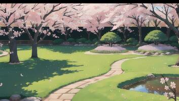 Sakura Garden during Spring Time Visual Novel Anime Manga Background Wallpaper photo