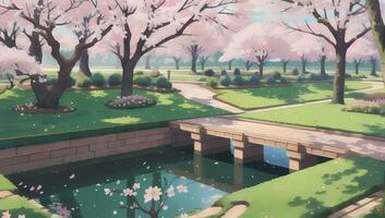 Sakura Garden during Spring Time Visual Novel Anime Manga Background Wallpaper photo