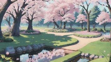 Sakura Garden during Spring Time Visual Novel Anime Manga Background Wallpaper photo