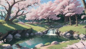 Sakura Garden during Spring Time Visual Novel Anime Manga Background Wallpaper photo