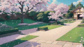 Sakura Garden during Spring Time Visual Novel Anime Manga Background Wallpaper photo