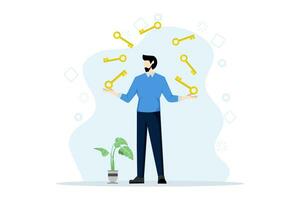 Key concepts or secret methods to achieve success, seeking business development and growth strategies, getting new opportunities, creative thinking to solve difficulties, plans, man juggling keys. vector