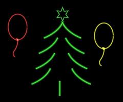 Neon Christmas tree with star, glowing icon. Neon New Year tree silhouette, outline Christmas tree in vivid colors. Festive fir with neon light. Icon set, sign, symbol for UI. Vector illustration