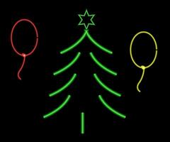 Neon Christmas tree with star, glowing icon. Neon New Year tree silhouette, outline Christmas tree in vivid colors. Festive fir with neon light. Icon set, sign, symbol for UI. Vector illustration