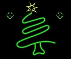 Neon Christmas tree with star, glowing icon. Neon New Year tree silhouette, outline Christmas tree in vivid colors. Festive fir with neon light. Icon set, sign, symbol for UI. Vector illustration
