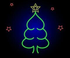 Neon Christmas tree with star, glowing icon. Neon New Year tree silhouette, outline Christmas tree in vivid colors. Festive fir with neon light. Icon set, sign, symbol for UI. Vector illustration