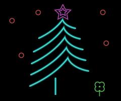 Neon Christmas tree with star, glowing icon. Neon New Year tree silhouette, outline Christmas tree in vivid colors. Festive fir with neon light. Icon set, sign, symbol for UI. Vector illustration