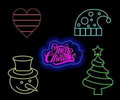 Abstract neon lamp christmas shape background object glowing icon. Christmas objects in vivid colors. Festive fir with neon light. Icon set, sign, symbol for UI. Vector illustration