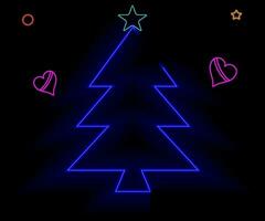 Neon Christmas tree with star, glowing icon. Neon New Year tree silhouette, outline Christmas tree in vivid colors. Festive fir with neon light. Icon set, sign, symbol for UI. Vector illustration