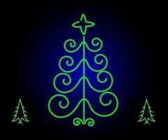 Neon Christmas tree with star, glowing icon. Neon New Year tree silhouette, outline Christmas tree in vivid colors. Festive fir with neon light. Icon set, sign, symbol for UI. Vector illustration