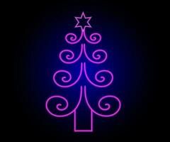 Neon Christmas tree with star, glowing icon. Neon New Year tree silhouette, outline Christmas tree in vivid colors. Festive fir with neon light. Icon set, sign, symbol for UI. Vector illustration