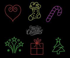 Neon Christmas tree with star, glowing icon. Neon New Year tree silhouette, outline Christmas tree in vivid colors. Festive fir with neon light. Icon set, sign, symbol for UI. Vector illustration