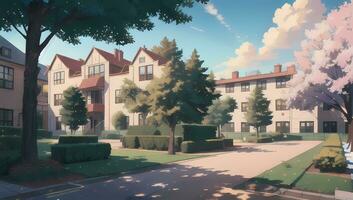 University School Complex Visual Novel Anime Manga Background Wallpaper On a Sunny Day photo