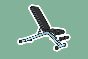 Gym Weight Bench Sticker For Exercise vector illustration. Body fitness objects icon concept. Adjustable weight bench with barbell sticker design icon with shadow.