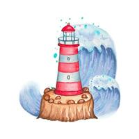 Hand drawn lighthouse on a rocky surface against a background of high waves, watercolor vector